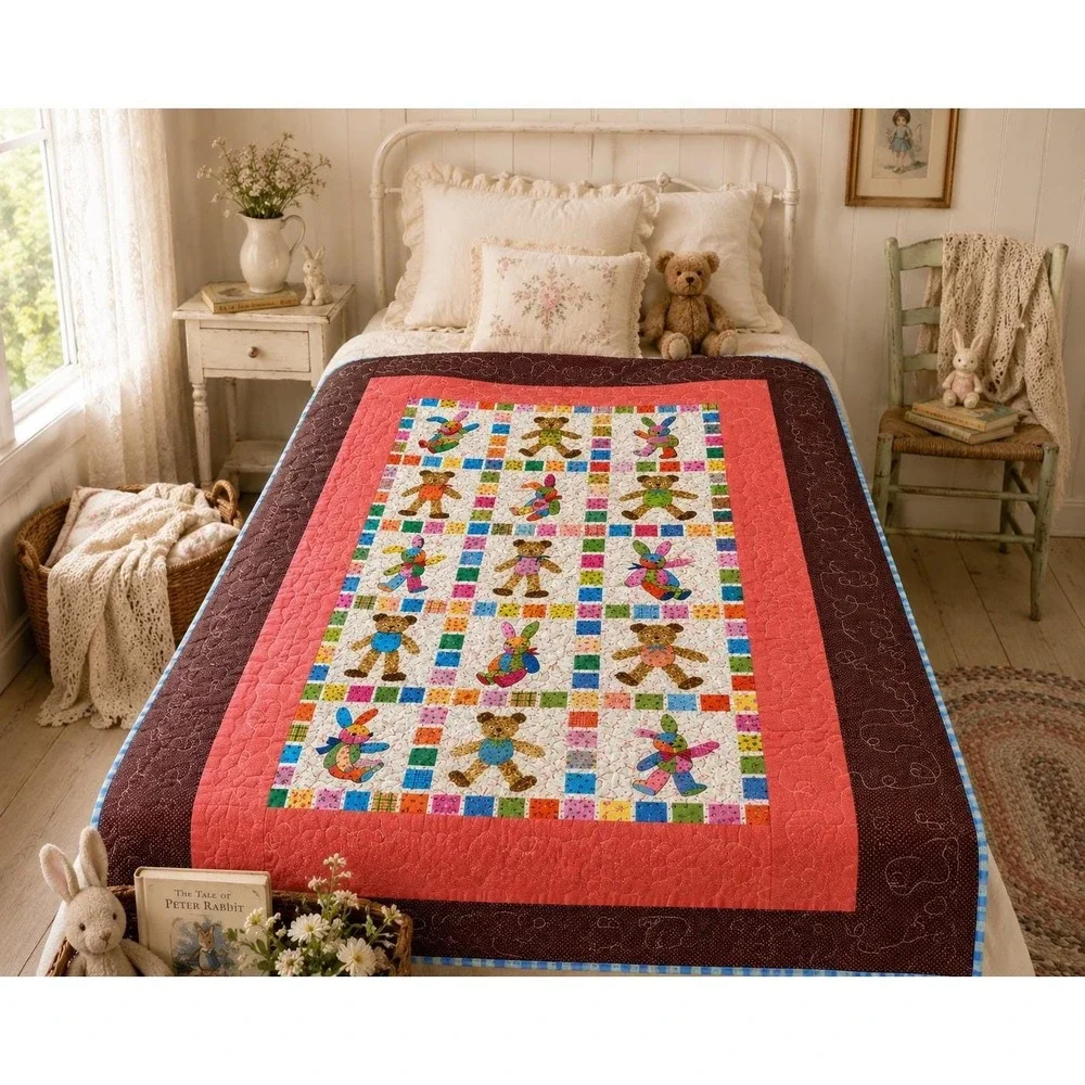Handmade Teddy Bear Bunny Quilt Throw Blanket Twin Topper 42x60‎